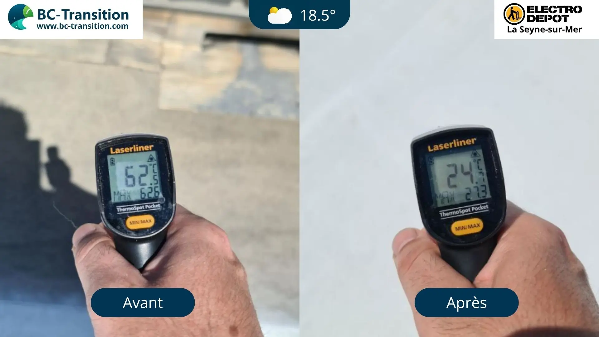Exemple de gain de température en toiture après application de Cool Roofing, réalisé par BC-Transition