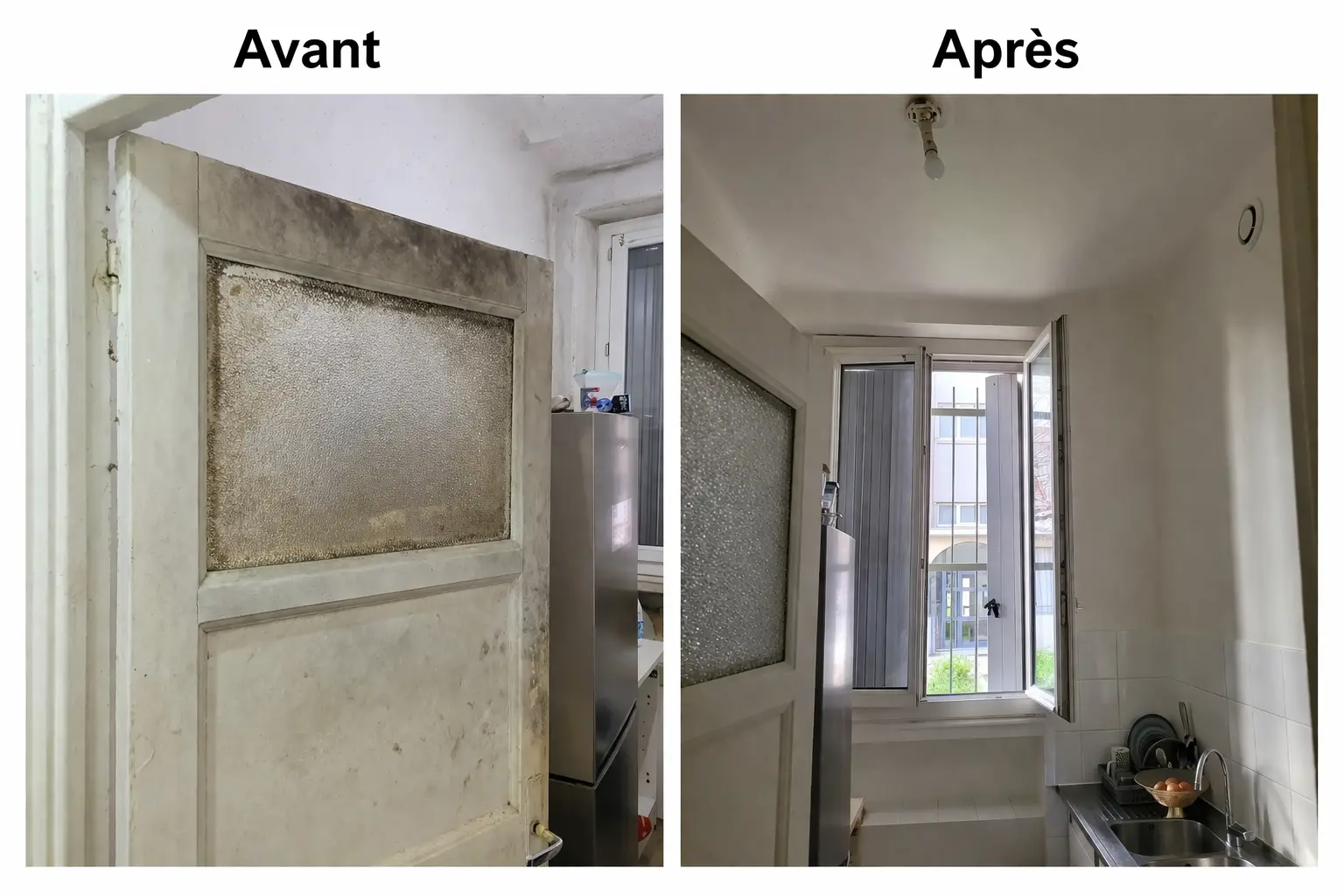 Avant et après d’une reprise de peinture intérieure après dégâts des eaux dans une cuisine du Pays d’Aix.