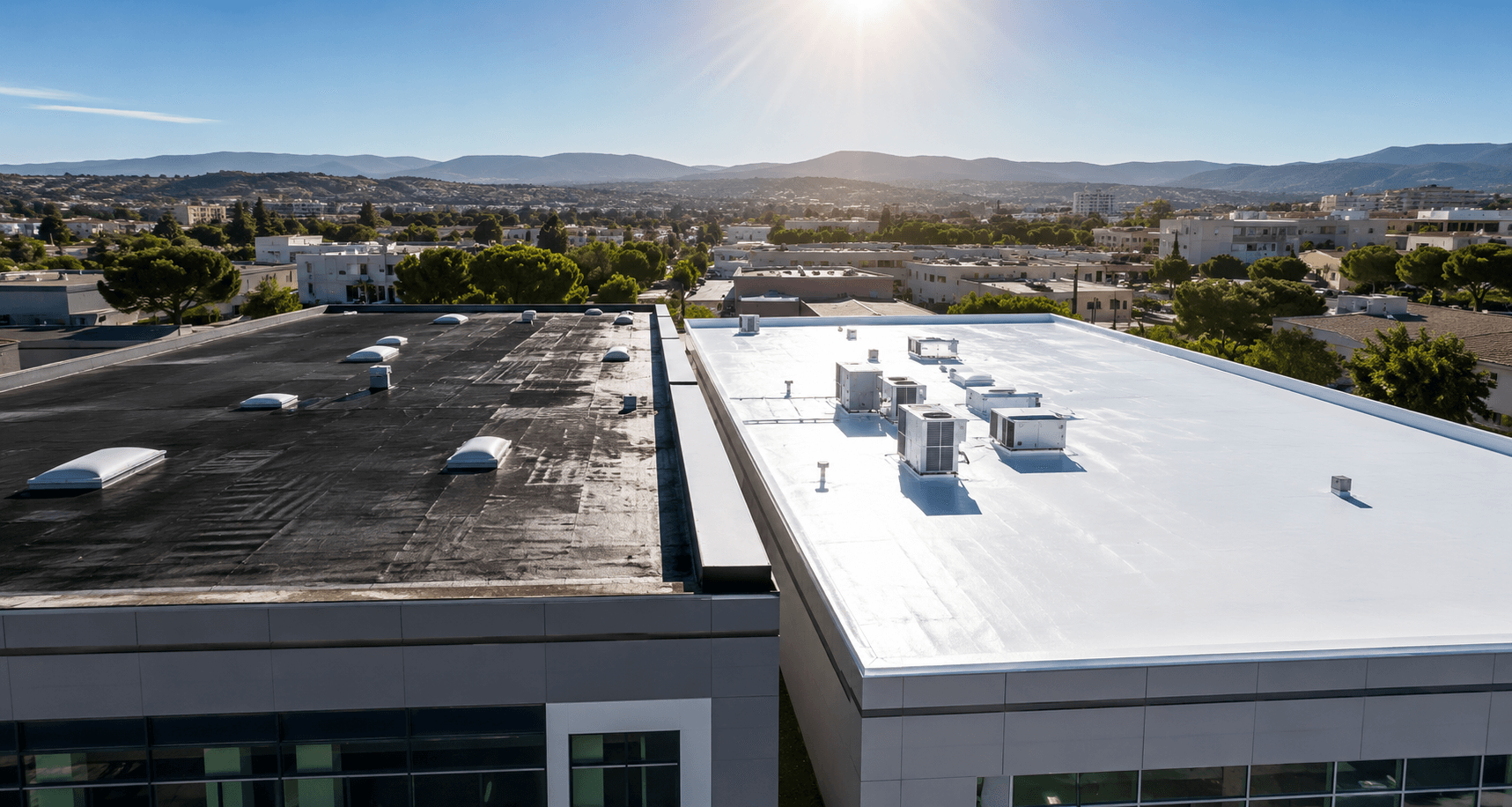 Illustration Toiture blanche en cool roofing sur un bâtiment professionnel sous un fort soleil